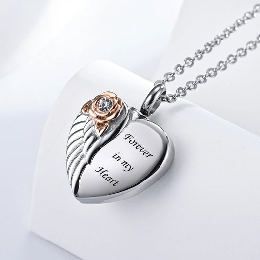 Memorial Rose Urn Necklace - Stainless Steel with Crystal Heart